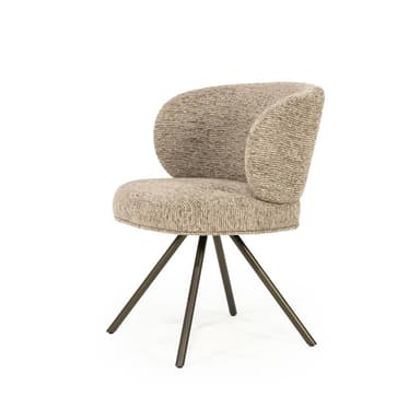 A modern armchair with a curved backrest and a upholstered seat. The chair features a four-legged pedestal base with splayed legs, constructed from metal. The upholstery has a textured woven pattern. The chair appears to be designed for dining or accent seating. — 3D model