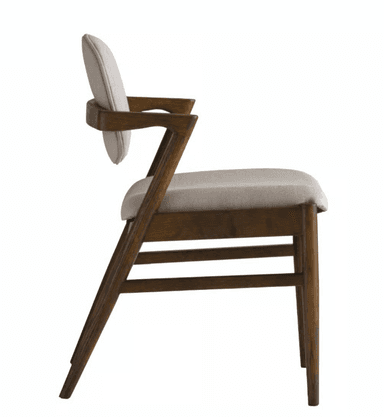 A modern armchair with a wooden frame and upholstered seat and backrest. The chair features a curved, segmented backrest and a slightly contoured seat, both covered in a textured, light-colored fabric. The armrests are integrated into the wooden frame, which has a natural, dark wood finish with visible grain patterns. The legs are slender and angled outwards. — 3D model