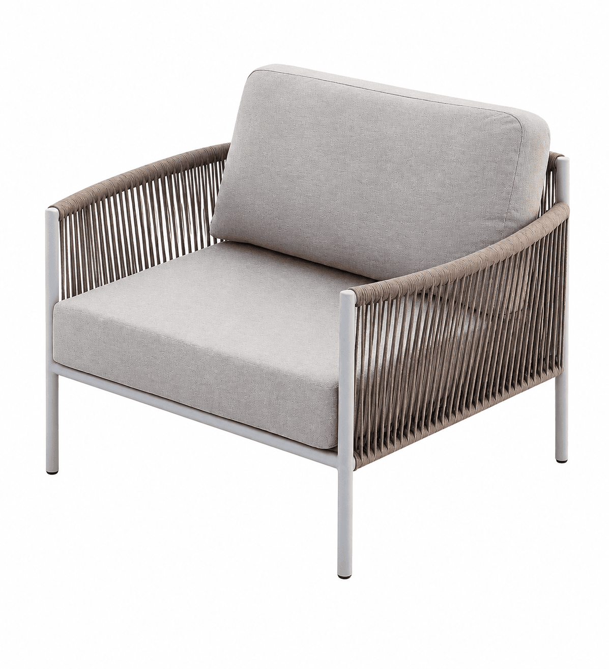 A modern armchair with a grey upholstered seat and back cushion. The frame is constructed from light-colored metal tubing. The sides and back are detailed with a woven rope pattern in a brown hue, creating an open, airy design. The armchair rests on four slender metal legs. — 3D model