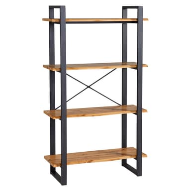 A freestanding bookshelf unit with a dark gray metal frame and four wooden shelves. The frame consists of two vertical posts on each side, connected by horizontal supports and diagonal cross bracing between the middle shelves for stability. The shelves appear to be made of solid wood with a natural finish, showcasing wood grain patterns. The unit has an open back. — 3D model