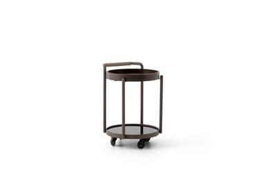 A contemporary two-tier bar cart featuring a dark brown metal frame, a circular wooden top tray, a circular mirrored bottom shelf, and an integrated handle wrapped in light brown leather, all supported by four caster wheels for mobility. — 3D model