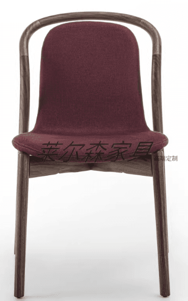 A modern dining chair with a curved wooden frame and a upholstered seat and backrest. The chair features slender, bentwood legs and armrests that merge into the back support. The upholstery is a textured, dark red fabric. — 3D model