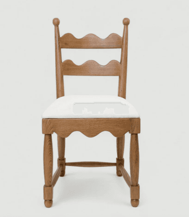A wooden side chair with a cushioned seat, presented in a side profile against a plain background. The chair features a wooden frame with turned legs and stretchers. The backrest is composed of vertical wooden slats with decorative spherical finials at the top. The seat is upholstered in white fabric. — 3D model