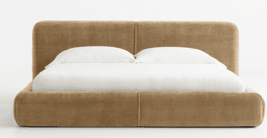 A modern upholstered bed frame with a low profile and a curved headboard. The bed is covered in a textured fabric and includes a mattress with white linens and pillows. — 3D model