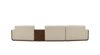 A contemporary modular sectional sofa featuring cream-colored boucle upholstery on plush seating and backrests, accented by dark walnut wood frames with rounded edges. The sofa includes an integrated wooden console table between two seating modules, offering both surface space and a lower storage compartment. — 3D model