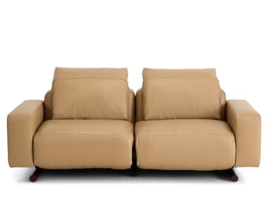 A modern two-seater reclining sofa, upholstered in smooth, light tan leather. It features two individual seats, each with a plush back cushion and integrated armrests. The sofa stands on small, dark-colored cylindrical feet, offering a minimalist profile. — 3D model