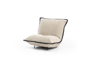 A low-profile armchair with a sculptural, continuous form, upholstered in a textured, light beige fabric with contrasting dark piping along the edges. The backrest is reclined, and the seat appears to be a single, soft cushion. Minimalist metal legs are visible at the base. The overall design is modern and organic. — 3D model