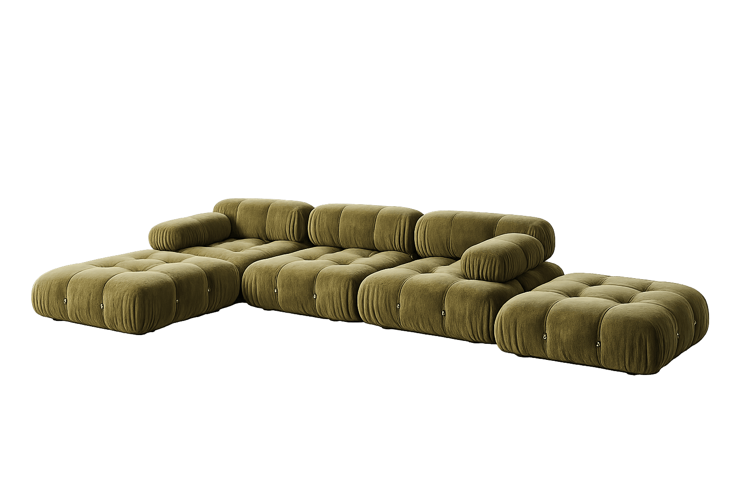 A modular sectional sofa with a low profile and deep seating. The design features prominent tufting on the seat and back cushions, as well as cylindrical bolster arms and backrests. The sofa is upholstered in a textured fabric, likely velvet or a similar plush material, and is configured in an L-shape with an additional chaise lounge section and an ottoman. — 3D model