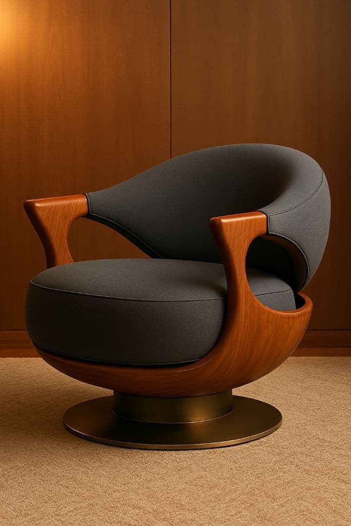 A modern swivel lounge armchair featuring a dark upholstered seat and back, enveloped by a curved wooden frame, resting on a round metallic base. — 3D model