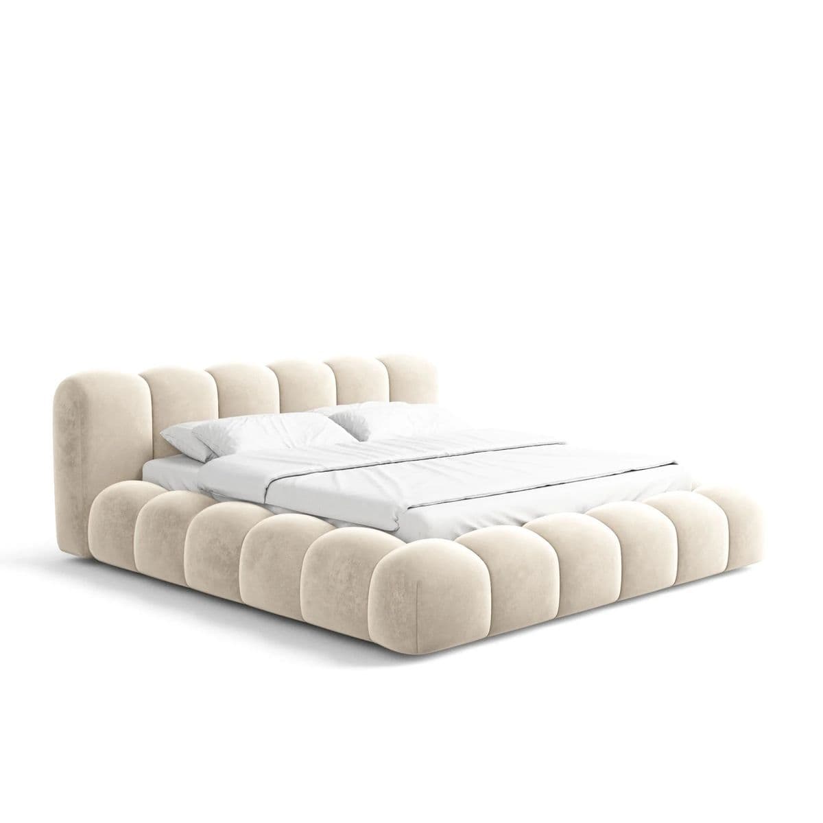 A modern platform bed featuring a distinctive channel-tufted design across its headboard and frame. The entire structure is upholstered in a cream-colored, soft fabric, presenting a plush and inviting aesthetic. The headboard is composed of vertical, rounded upholstered segments, which extend down to form the side and foot rails, creating a cohesive and contemporary look. — 3D model