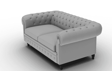 A grey Chesterfield-style loveseat sofa featuring deep button tufting on the backrest, rolled arms, and front apron. It has two separate seat cushions and is supported by short, dark, turned wooden feet. — 3D model