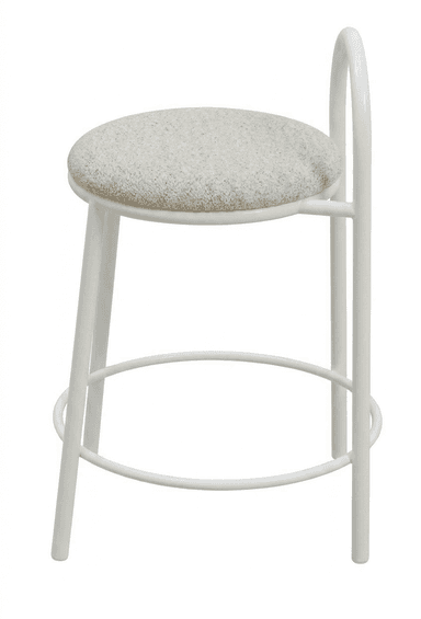 A contemporary bar stool featuring a sleek white metal frame with four tubular legs, a circular footrest, and a curved hoop backrest. The circular seat is upholstered in a light, textured cream or off-white fabric. — 3D model