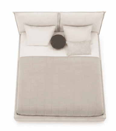 A modern upholstered platform bed featuring a low-profile frame and a tall, two-panel headboard, all covered in a light beige fabric. The bed is styled with minimalist bedding including a quilted duvet and accent pillows. — 3D model