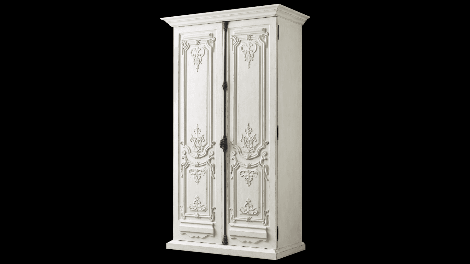 A tall, double-doored armoire with extensive decorative carvings on the doors and sides. The armoire features a crown molding at the top and a stepped base. The hardware on the doors appears to be dark metal. — 3D model