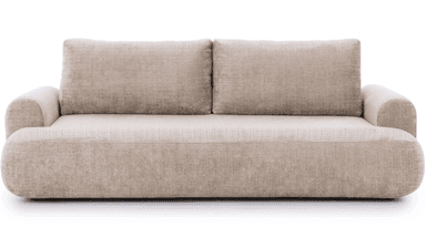 A modern sofa with a low profile and rounded armrests. It features two large back cushions and a wide seat cushion. The upholstery has a textured weave and appears to be a neutral tone. — 3D model