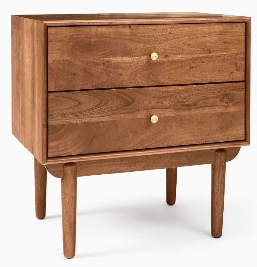 A compact rectangular wooden nightstand with two drawers and four tapered solid wood legs, featuring brass knobs. — 3D model