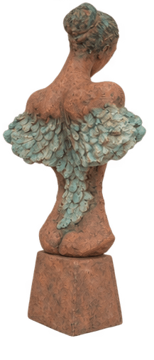 A figurative sculpture depicting the torso of a female figure, crafted from a reddish-brown terracotta or clay. The surface is highly textured, giving it a rustic or aged appearance. The figure's head is tilted slightly, with eyes closed in a contemplative pose. The shoulders feature distinct, layered wing-like structures with a blue-green patina, contrasting with the main body color. The sculpture is mounted on an integrated, simple rectangular plinth of the same material and finish. — 3D model