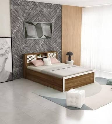 A modern platform bed frame featuring a dark wood grain finish and white accents. The headboard is integrated, providing an open shelving unit flanked by decorative white panels with a geometric perforated pattern. The bed frame has a robust, low-profile design, with white metal or painted wood strips defining the edges of the footboard and side rails, giving it a contemporary look. — 3D model