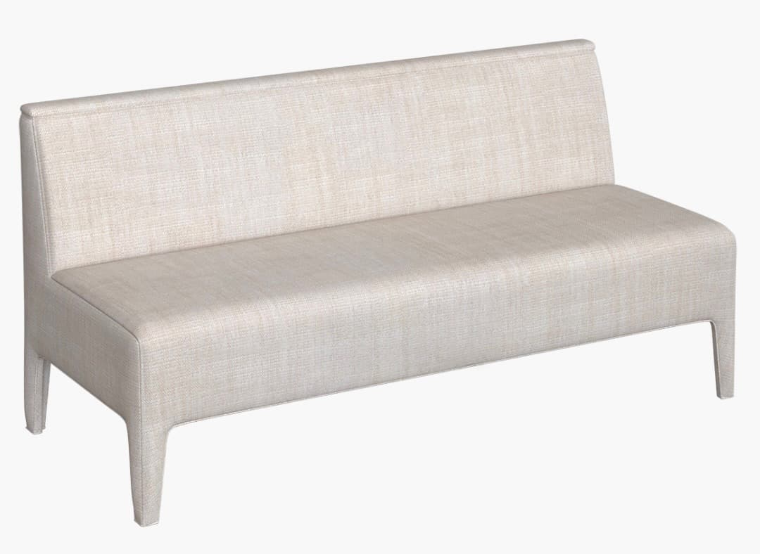 A modern, minimalist upholstered banquette or settee with a continuous backrest and seat, featuring integrated legs and a light, textured fabric finish. — 3D model