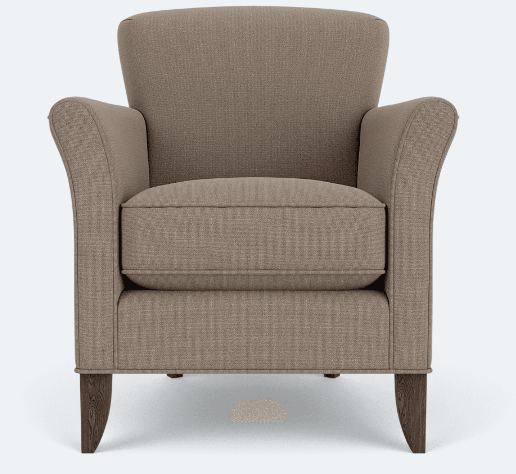 A fabric-upholstered armchair with a high back and padded seat and back cushions. The armchair features rolled arms and sits on four dark wooden legs. The overall construction suggests a comfortable and classic design. — 3D model