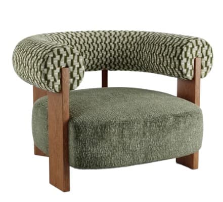An armchair featuring a curved, upholstered backrest with a geometric pattern, supported by wooden uprights. The seat and armrests are upholstered in a textured green fabric. The base consists of four wooden legs, two of which are integrated into the frame supporting the backrest. — 3D model