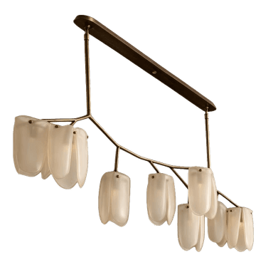 A contemporary linear chandelier featuring an organic, branching metal frame in a bronzed finish, adorned with multiple frosted glass shades. The shades are shaped like elongated tulip petals or leaves, contributing to a natural, sculptural aesthetic. The fixture is suspended from a long, flat canopy. — 3D model