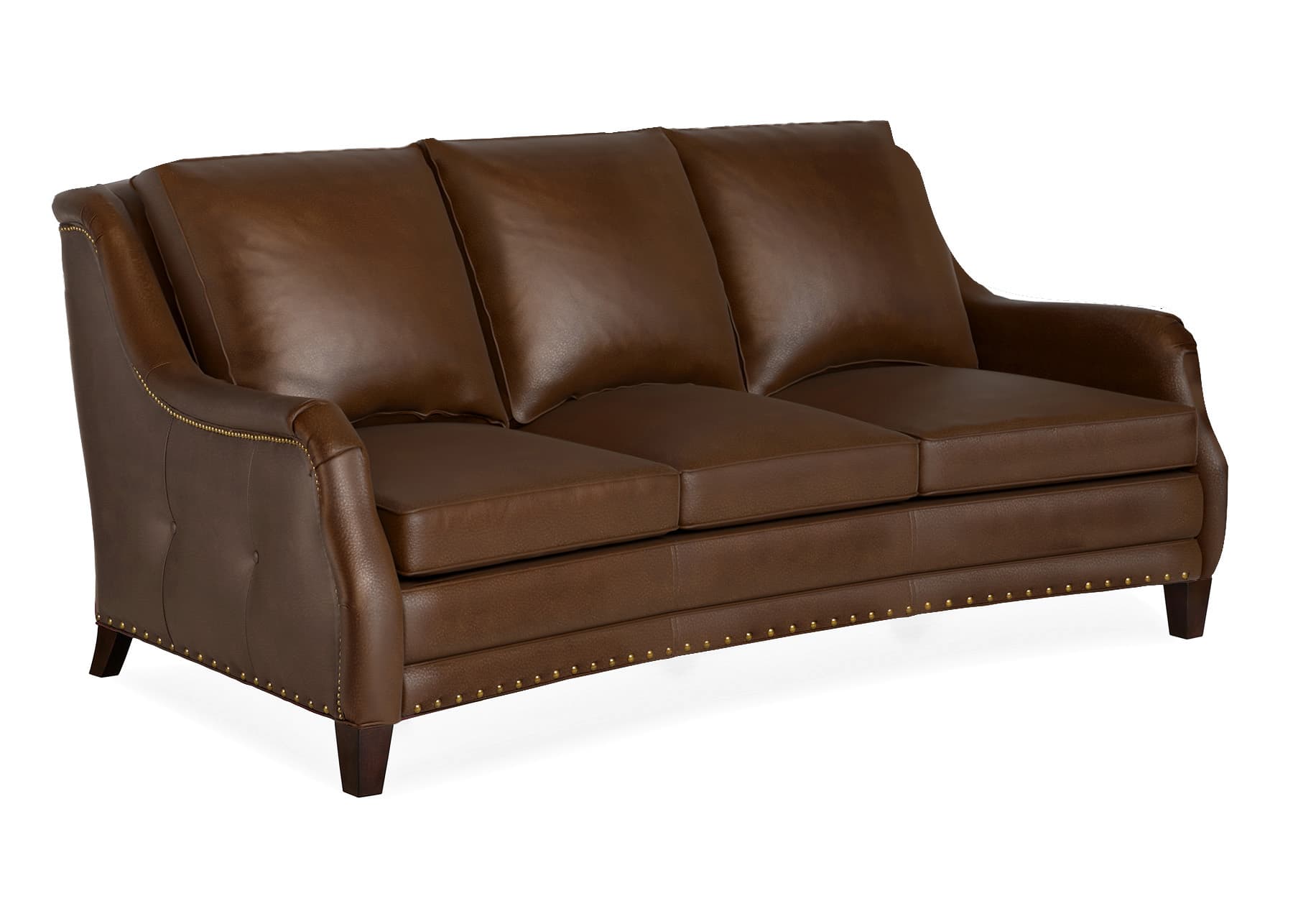 A traditional style three-seater sofa upholstered in rich brown leather, featuring rolled arms, visible brass nailhead trim along the base and arm panels, and short tapered dark wooden legs. The sofa includes three loose back cushions and three loose seat cushions, with subtle button tufting on the side panels. — 3D model