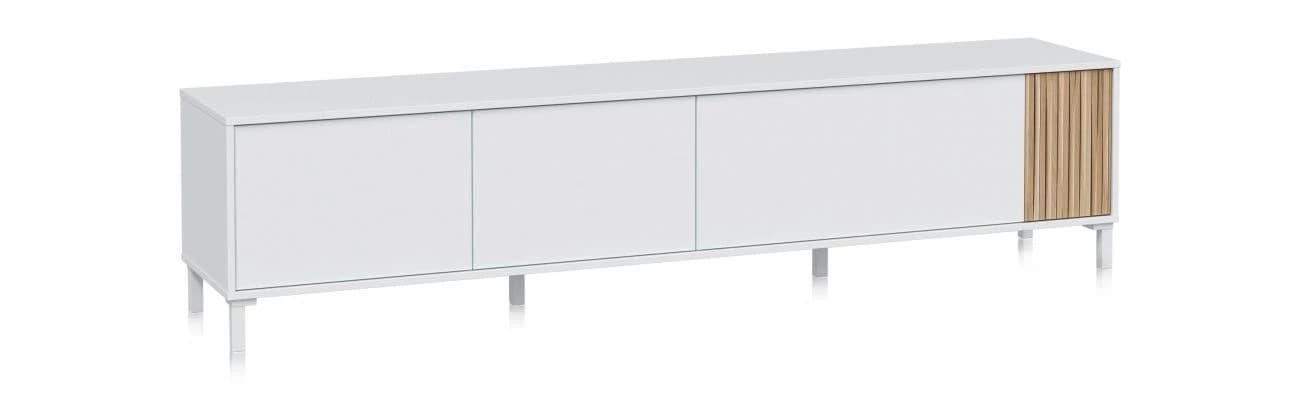 A modern, rectangular sideboard featuring a minimalist white finish across its main body and two left compartments. The rightmost compartment is distinguished by a vertical slatted panel made from natural wood, adding textural contrast. The unit is supported by slim, white-painted metal legs, elevating the design. — 3D model