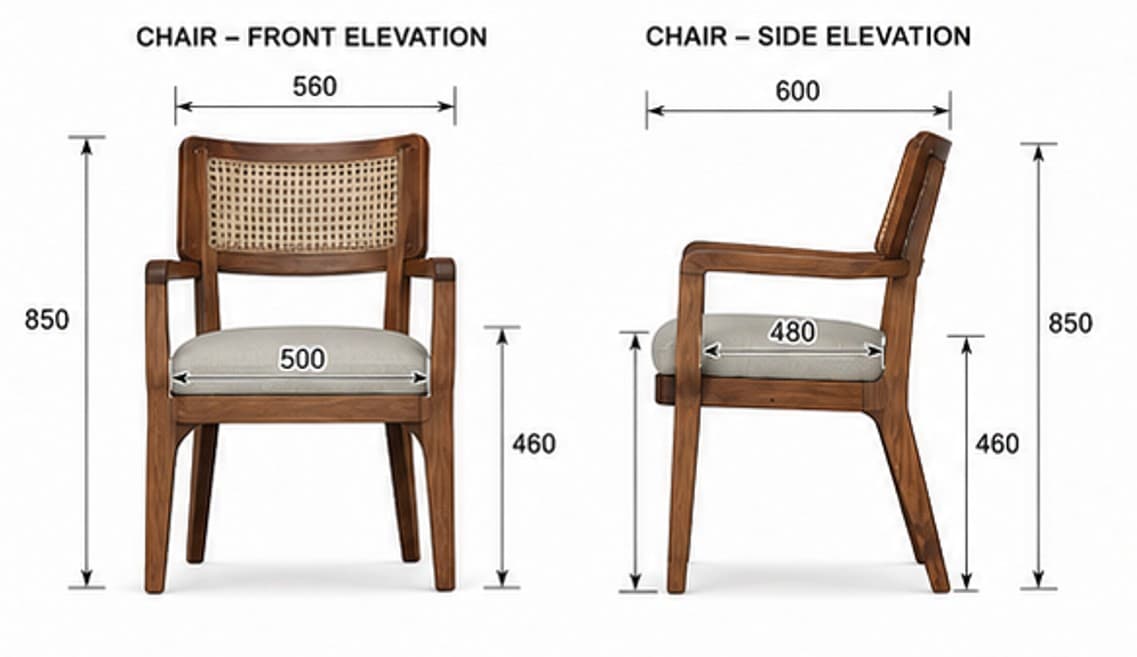 A wooden armchair featuring a cane backrest and an upholstered seat, presented on a white background. — 3D model