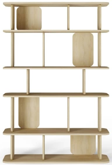 A modern, light-toned wooden shelving unit featuring an open, asymmetrical design with integrated closed compartments and rounded edges. — 3D model