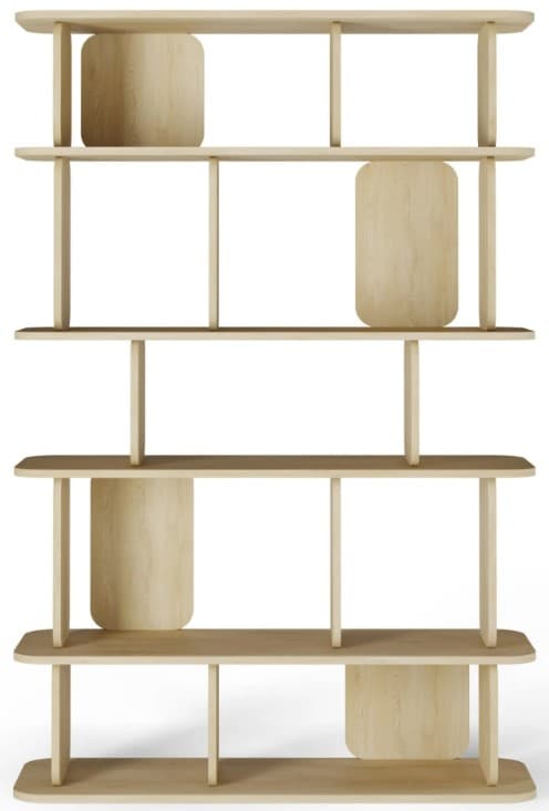 A modern, light-toned wooden shelving unit featuring an open, asymmetrical design with integrated closed compartments and rounded edges. — 3D model