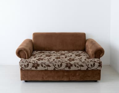 A compact two-seater loveseat featuring rolled armrests and a high backrest. The frame and armrests are upholstered in a solid light brown velvet-like fabric, while the single seat cushion is adorned with a beige background and a repeating pattern of dark brown floral motifs. The loveseat rests on discreet dark feet. — 3D model