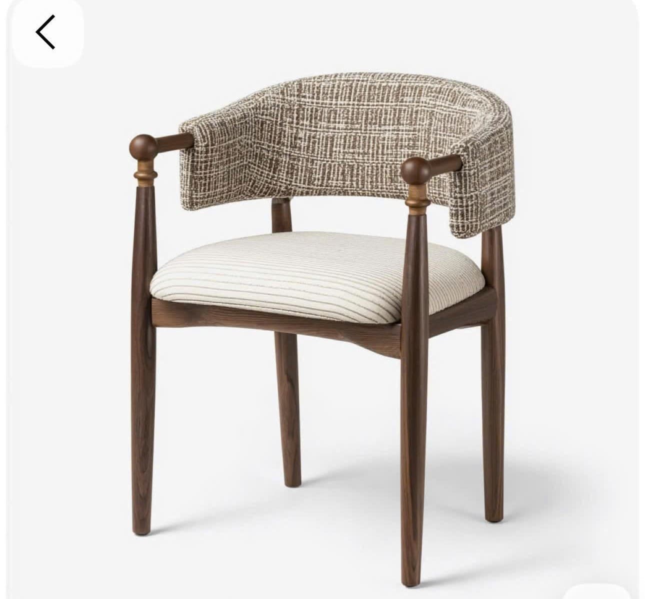 A contemporary armchair featuring a dark-stained wooden frame and mixed upholstery. The curved backrest is upholstered in a textured, multi-tone fabric with a geometric pattern, while the seat cushion is upholstered in a lighter, horizontally striped fabric. The wooden arm supports terminate in rounded finials. — 3D model