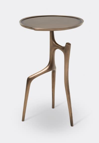 A small, round-topped table crafted from bronze, featuring a distinctive organic, sculptural base that resembles branching forms, presented with a warm, antiqued bronze finish. — 3D model