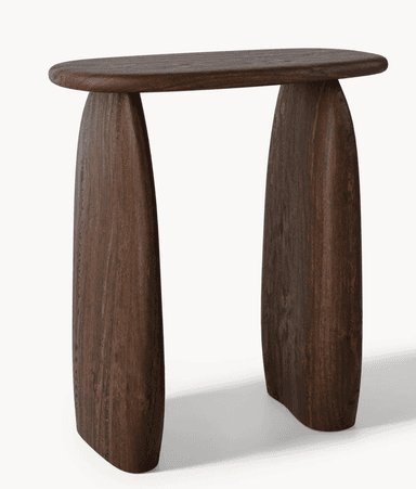 A side table with a rounded rectangular top and two thick, curved, sculptural legs. The wood grain is visible, suggesting a solid wood construction. — 3D model