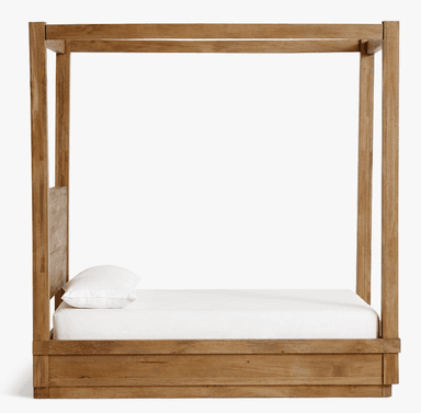 A sturdy wooden bed frame featuring a full canopy structure, four substantial corner posts, and a solid headboard. The wood displays a natural grain and a light, warm finish, with the headboard incorporating vertical carved elements. — 3D model