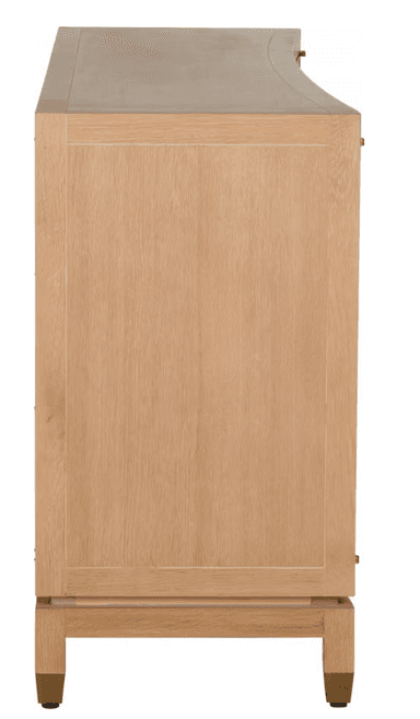 A long, low credenza with four cabinet doors. The doors feature an inlaid geometric pattern of intersecting lines forming diamonds, with a small circular accent at each intersection. The credenza is supported by a plinth base and four tapered legs, each with brass-colored caps. The wood grain is visible and runs horizontally on the doors and vertically on the sides. The overall design suggests a modern or transitional style. — 3D model