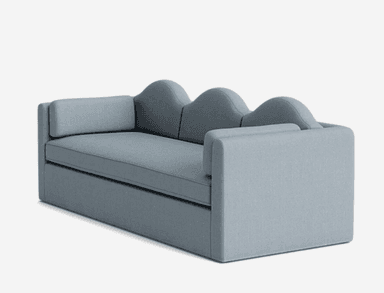A light blue upholstered sofa with a distinctive three-arched, wavy backrest. It features three seat cushions and two cylindrical bolster cushions acting as armrests. The sofa has a low-profile base. — 3D model