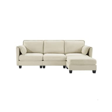 A contemporary modular sectional sofa in a light beige or off-white fabric, configured as a three-seater with an integrated left-hand chaise lounge. It features plush back and seat cushions, wide sloped armrests, and rests on short, dark square legs. — 3D model