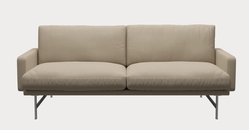 A modern two-seater upholstered loveseat featuring a light beige fabric, clean block arms, separate seat and back cushions, and slender, angled metal legs. — 3D model