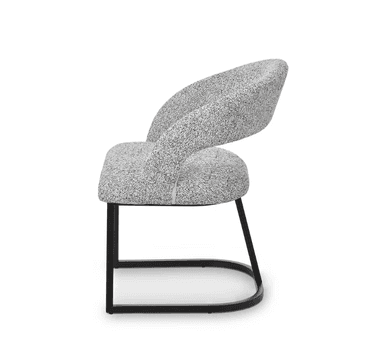 A modern accent chair with a curved silhouette. The seat and back are upholstered in a textured fabric with a speckled grey and white pattern. The base consists of a sled-style frame made of dark metal, featuring a curved front support. — 3D model