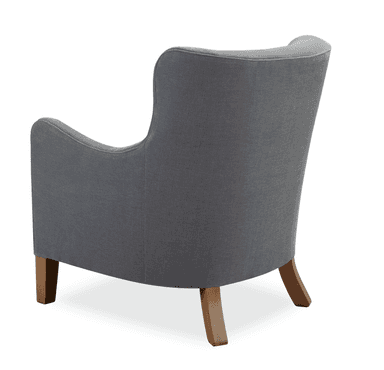 A gray upholstered armchair viewed from the rear. The armchair features a high back with a gently curved top edge, flared arms, and wooden legs. The upholstery appears to be a textured fabric, and the legs are angled and tapered. — 3D model