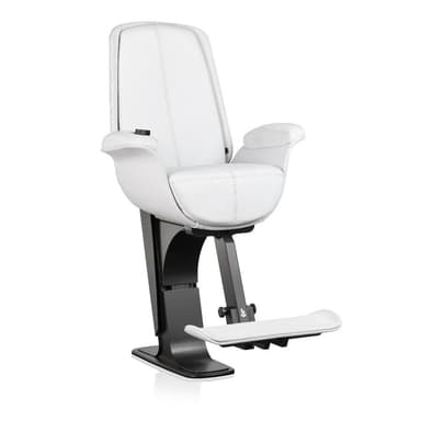 A modern professional barber chair featuring white upholstered seating surfaces, padded armrests, and an integrated footrest, all supported by a robust black pedestal base. — 3D model