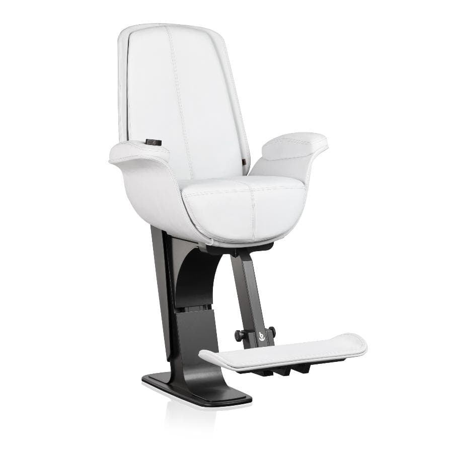 A modern professional barber chair featuring white upholstered seating surfaces, padded armrests, and an integrated footrest, all supported by a robust black pedestal base. — 3D model