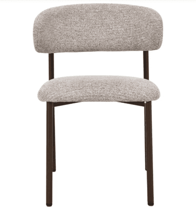 An armless modern dining chair featuring a light gray textured fabric upholstery for both the seat and a distinct, rounded backrest. The seating components are supported by a slender, dark brown metal frame with four straight legs. — 3D model