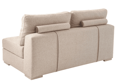 A modern sofa with a upholstered frame and back cushions. It features adjustable headrests with a cylindrical bolster for each seat. The upholstery is a textured, light beige fabric. Thin, darker trim lines divide the back panels vertically. — 3D model