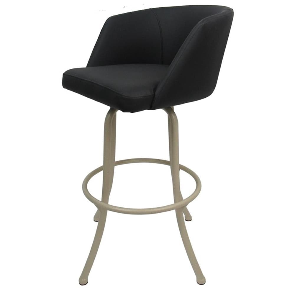 A contemporary bar stool featuring a black upholstered bucket seat with integrated armrests, set atop a light beige metal four-leg base with a circular footrest. The seat appears to have a swivel function. — 3D model