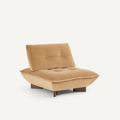 A low-profile, contemporary armless lounge chair featuring generous, plush tan upholstery and a rounded, pillowy form. It sits on small, recessed dark wood block feet. — 3D model