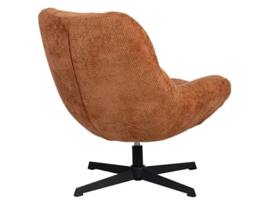 A contemporary lounge chair upholstered in a textured terracotta-colored fabric, featuring a deeply padded and ribbed seat and backrest, mounted on a sleek black four-star swivel base. — 3D model