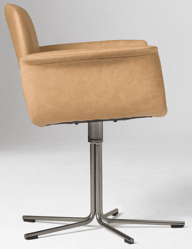 A contemporary swivel armchair upholstered in tan leather, featuring a sleek, minimalist design and a brushed metal four-star pedestal base. — 3D model